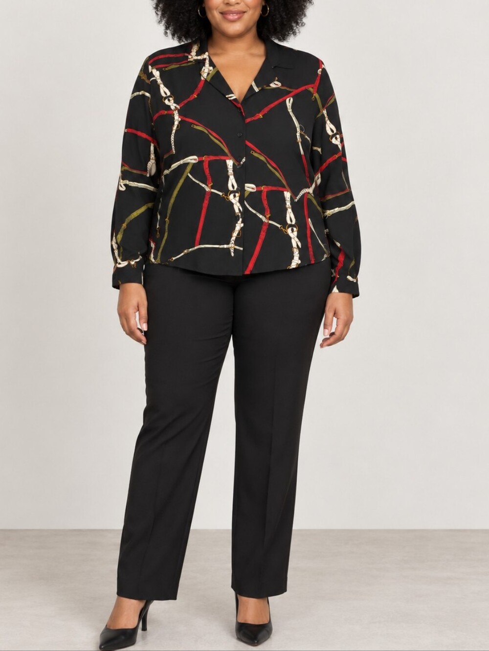 OR Oakridge Women’s Equestrian Print Button Front Blouse Black Size 36/12